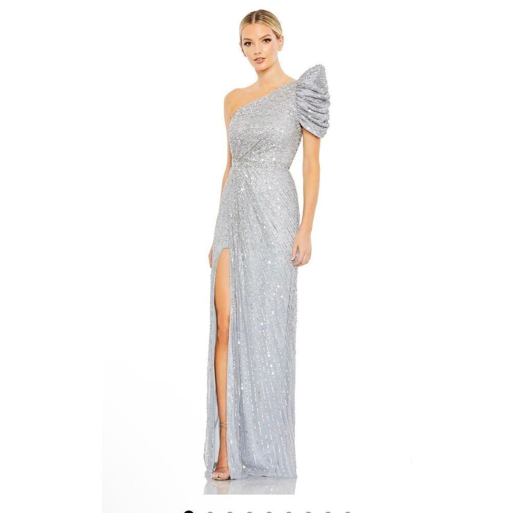 Mac Duggal NWT size 10 silver one puff sleeve long embellished sequined gown sty